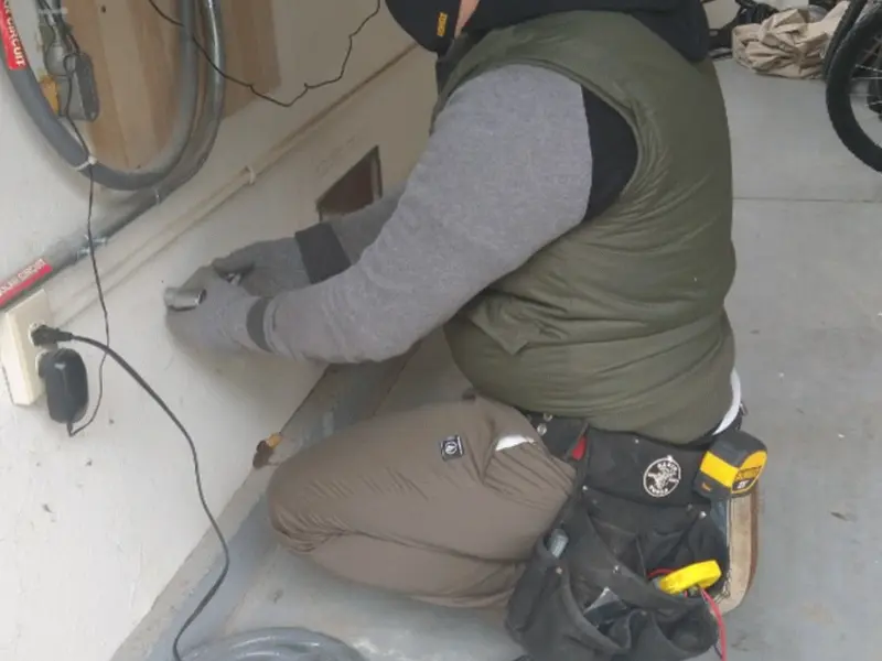 Electrician performing outlet wiring in a Modesto garage